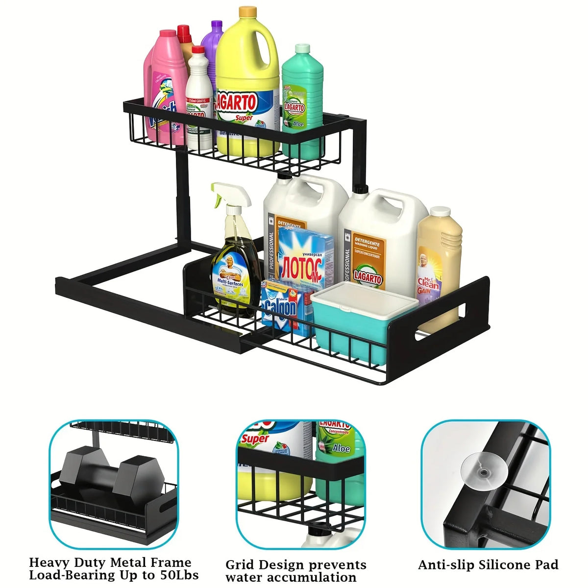 2-Tier Pull-Out Under Sink Organizer – Slide-Out Cabinet Storage Shelf