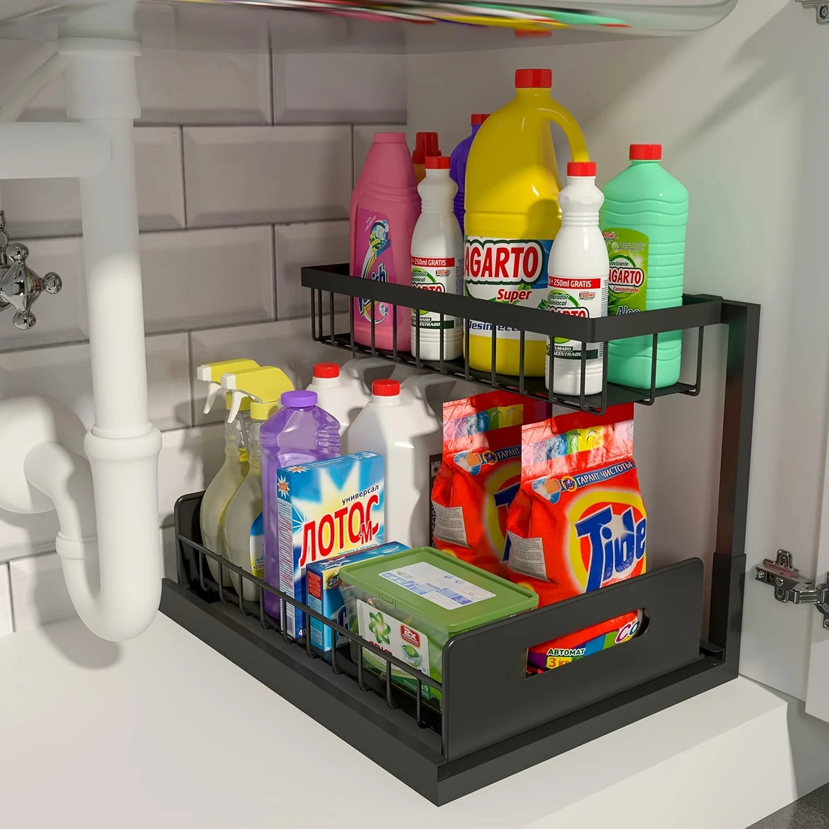 2-Tier Pull-Out Under Sink Organizer – Slide-Out Cabinet Storage Shelf