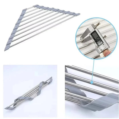 Roll-Up Triangle Dish Drying Rack – Stainless Steel Sink Corner Organizer