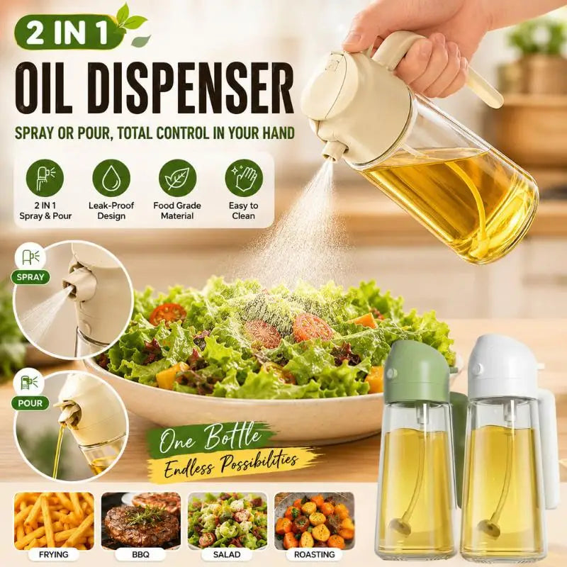2-in-1 Olive Oil Dispenser & Sprayer, 470ml Glass