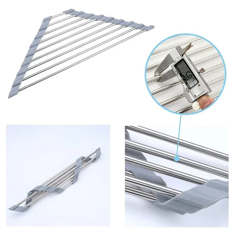 Roll-Up Triangle Dish Drying Rack – Stainless Steel Sink Corner Organizer